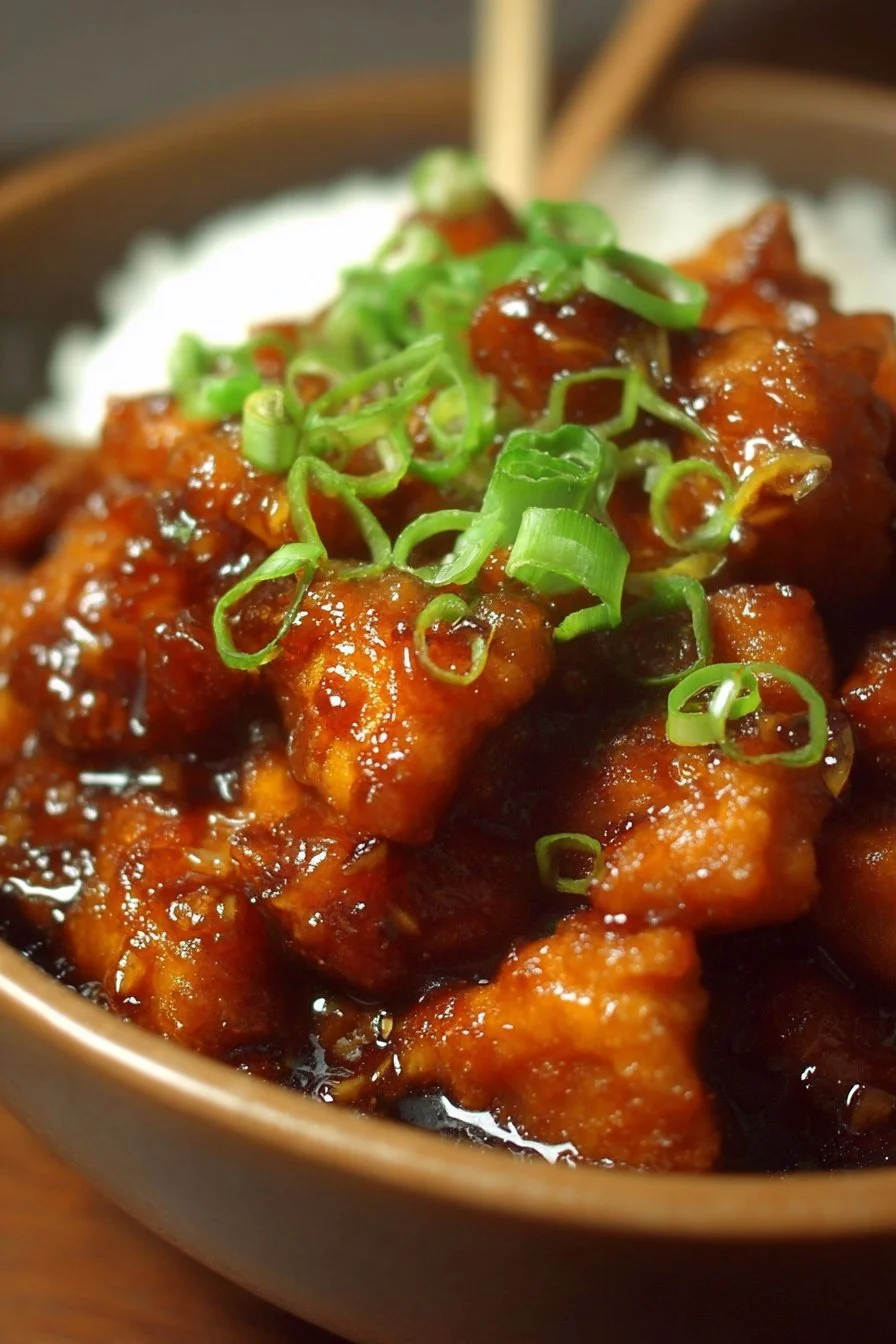 Crockpot Orange Chicken served with rice and vegetables in a bowl