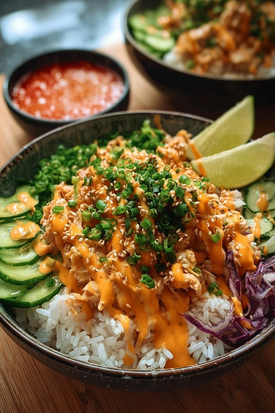 Colorful Bang Bang Chicken Bowl with fresh vegetables and spicy sauce