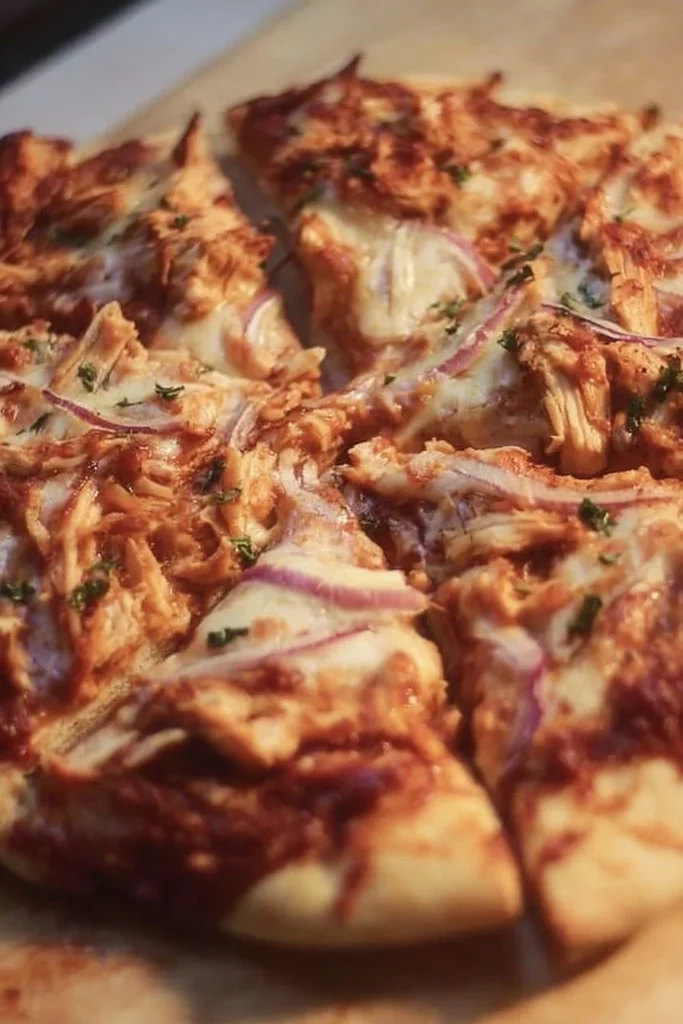 Delicious BBQ chicken pizza with smoky sauce and melted cheese toppings