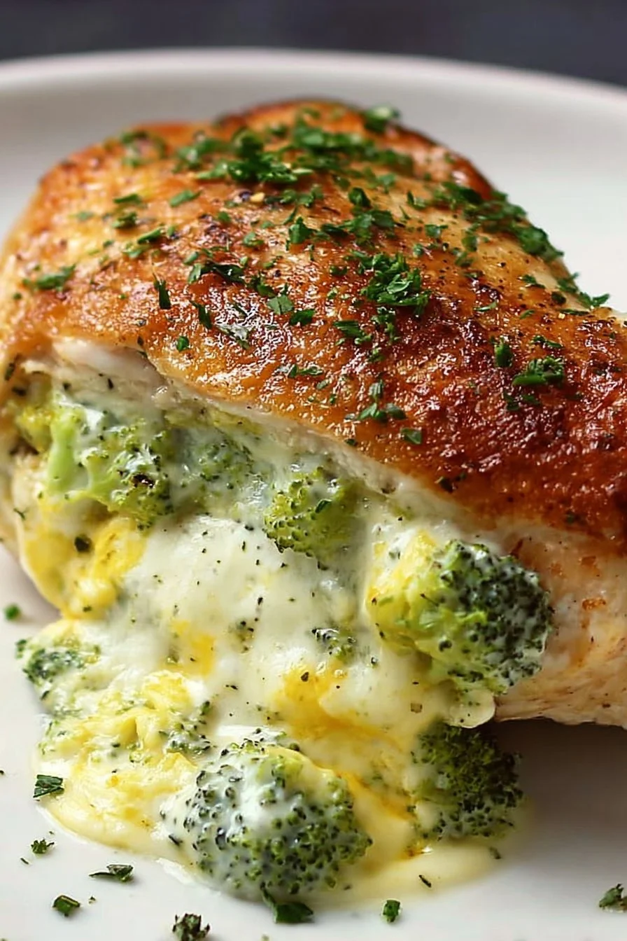 Broccoli and Cheese Stuffed Chicken Breast 2 Broccoli and cheese stuffed chicken breast on a plate garnished with herbs