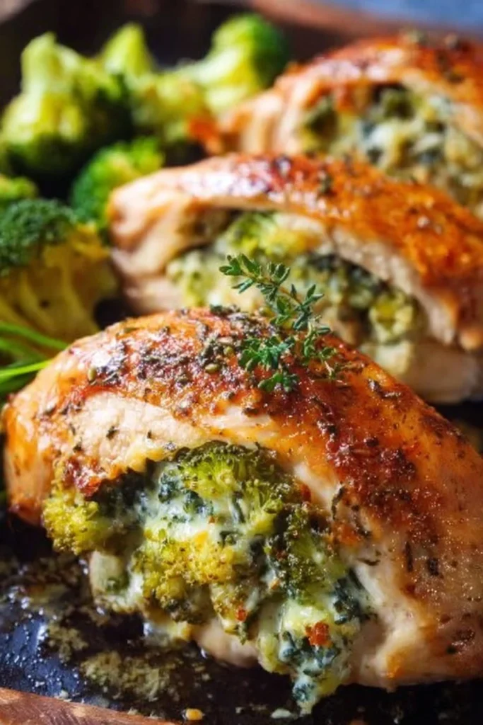 Broccoli stuffed chicken breast recipe with vibrant vegetables and herbs.