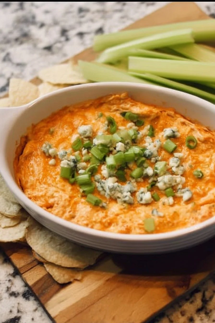 Creamy Buffalo Chicken Dip served with tortilla chips in a bowl
