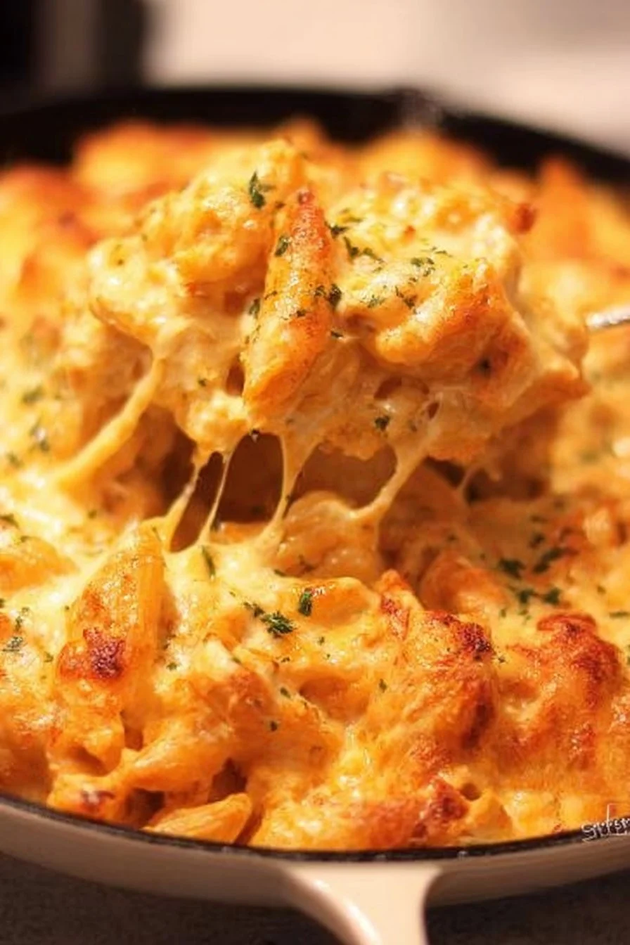Buffalo Chicken Pasta Bake topped with cheese and green onions
