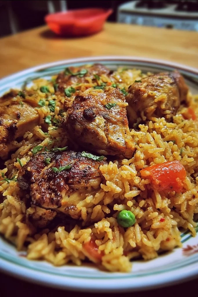 Delicious Caribbean Chicken and Rice dish garnished with fresh herbs