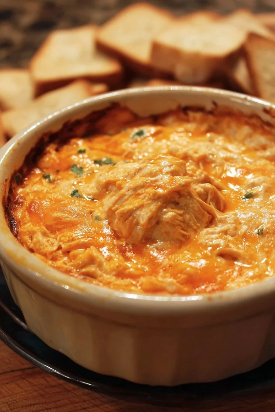 Cheesy Crock Pot Buffalo Chicken Dip served with tortilla chips