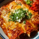 Delicious cheesy rotisserie chicken enchiladas topped with fresh cilantro.