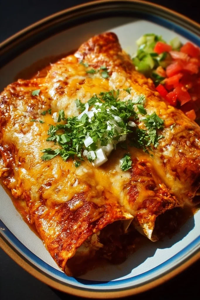 Delicious cheesy rotisserie chicken enchiladas topped with fresh cilantro.