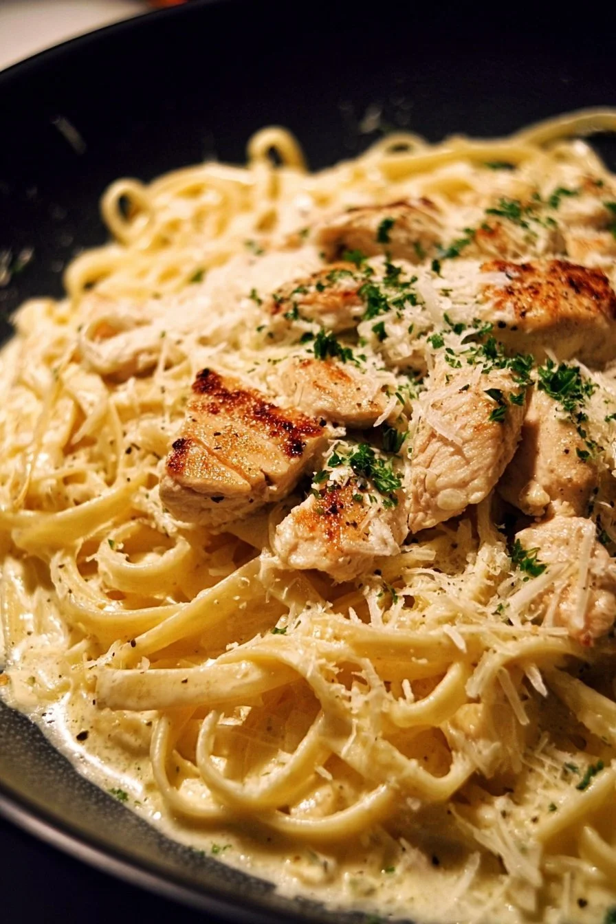 Creamy Chicken Alfredo pasta dish garnished with parsley and grated parmesan