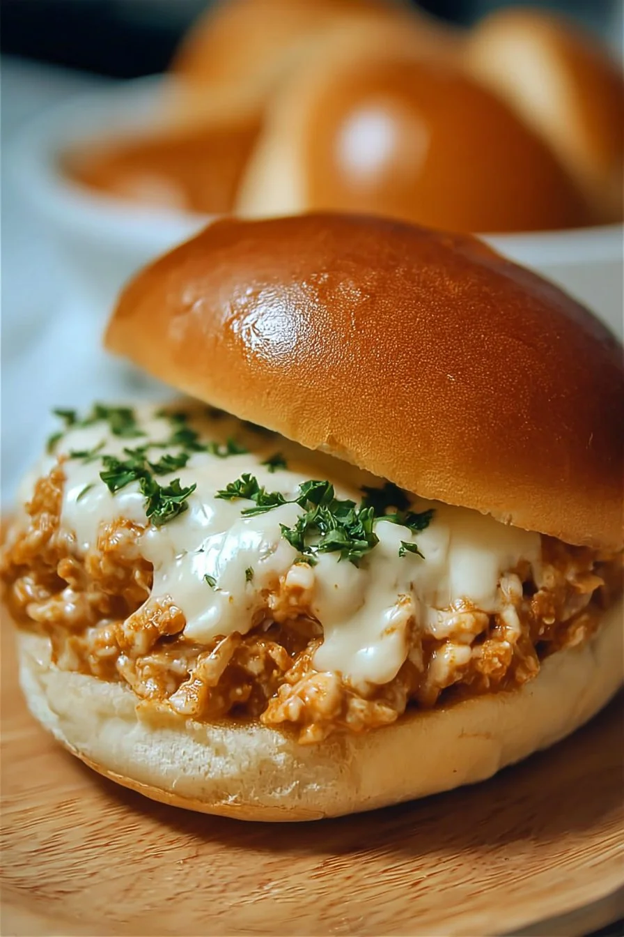 Chicken Alfredo Sloppy Joes topped with creamy sauce and served on a bun