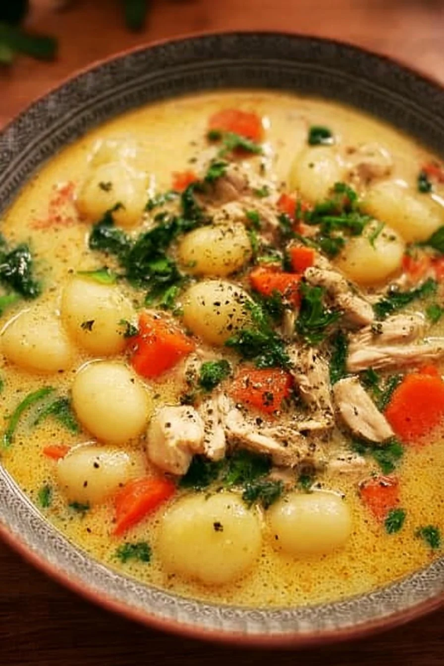 Chicken and Gnocchi Soup 2 Bowl of chicken gnocchi soup with fresh herbs and vegetables