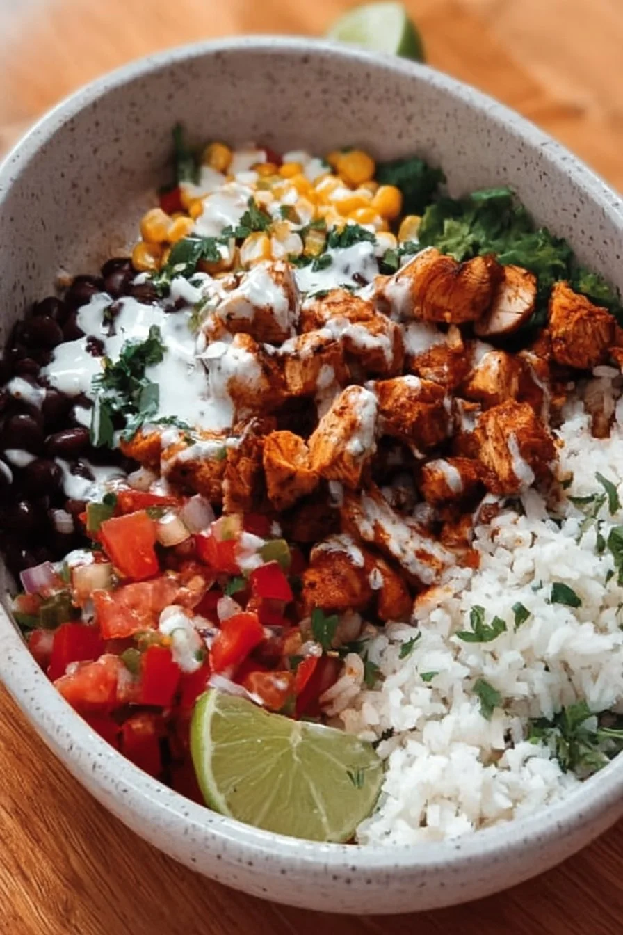 Delicious Chicken Burrito Bowl with fresh toppings and ingredients