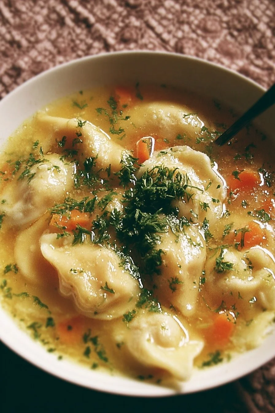 Chicken Dumpling Soup 2 Bowl of steaming chicken dumpling soup garnished with herbs