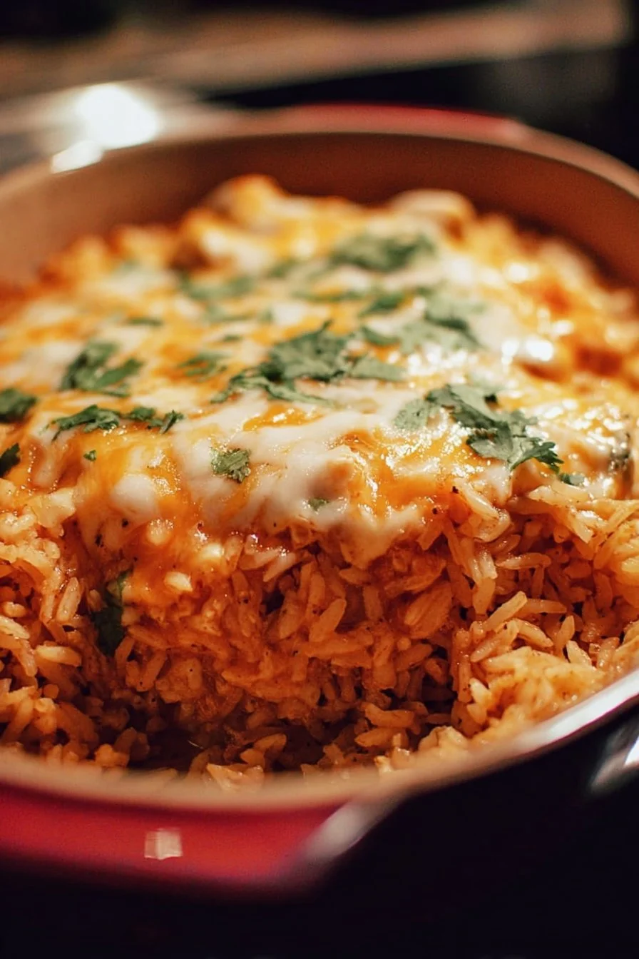 Delicious Chicken Enchilada Rice Casserole served in a baking dish