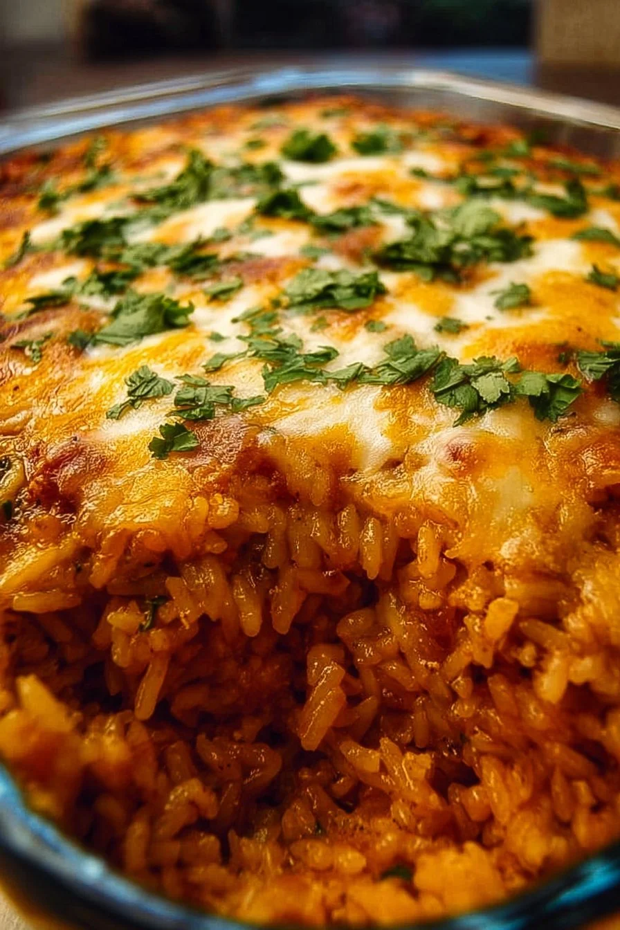 Chicken Enchilada Rice Casserole 2 Chicken Enchilada Rice Casserole topped with cheese and cilantro.