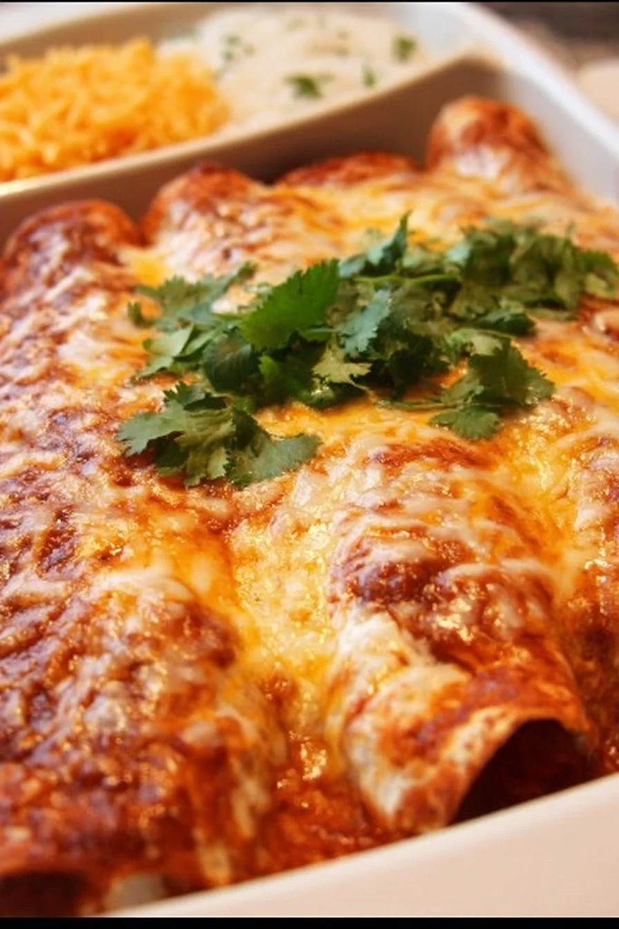 Chicken Enchiladas 2 Homemade chicken enchiladas topped with cheese and garnished with fresh cilantro.