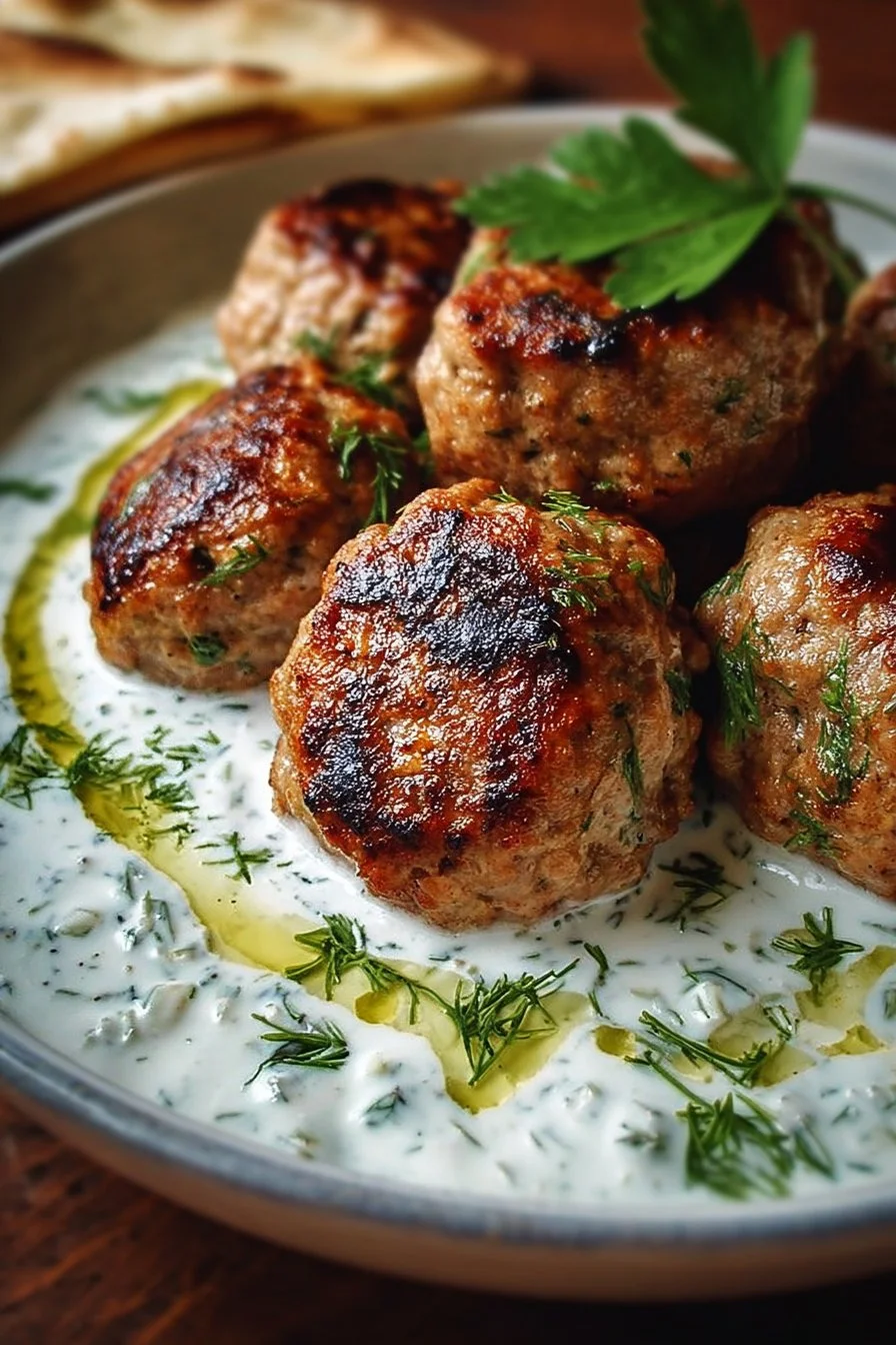 Delicious Chicken Kofta served with creamy garlic yogurt sauce on a plate.