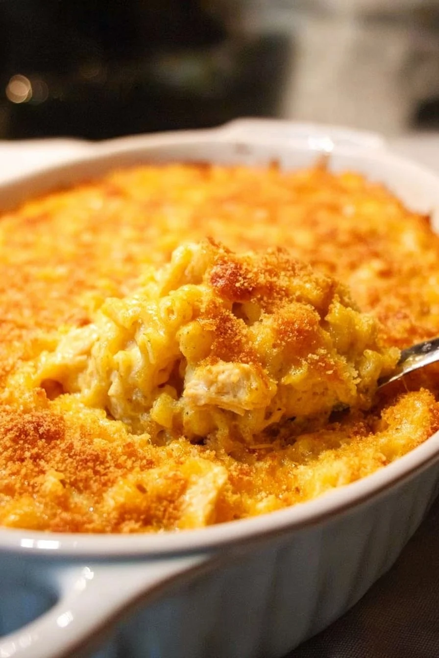 Chicken Mac and Cheese Casserole 2 Delicious Chicken Mac and Cheese Casserole served hot with cheese and chicken pieces