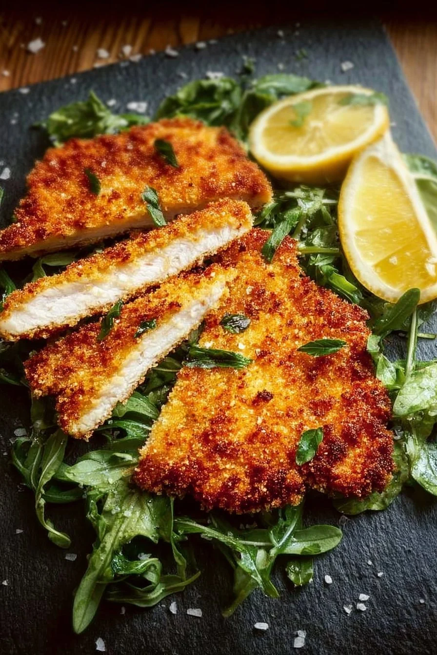 Golden-brown Chicken Milanese served with a side salad and lemon wedges.