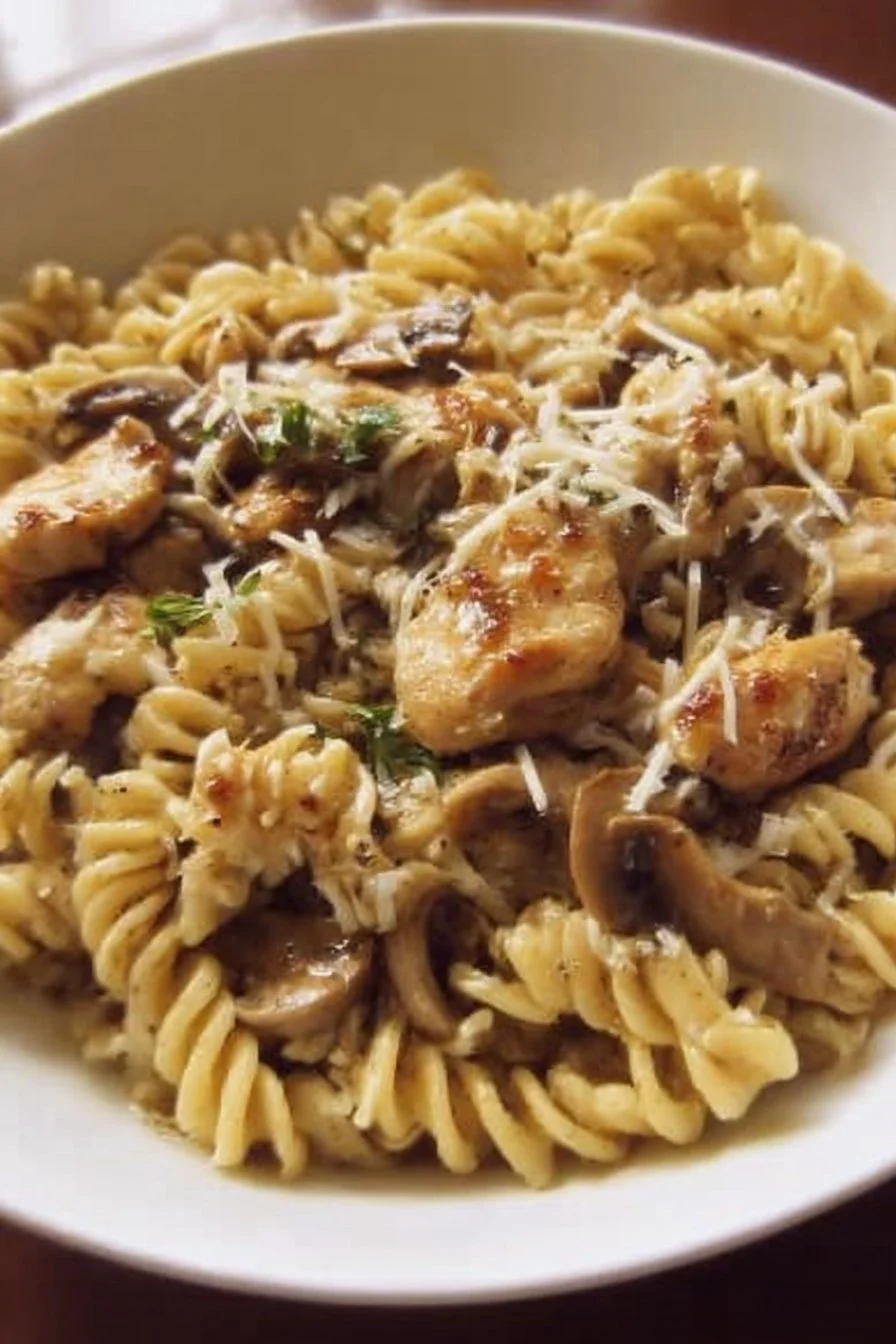 Creamy chicken mushroom pasta dish garnished with parsley