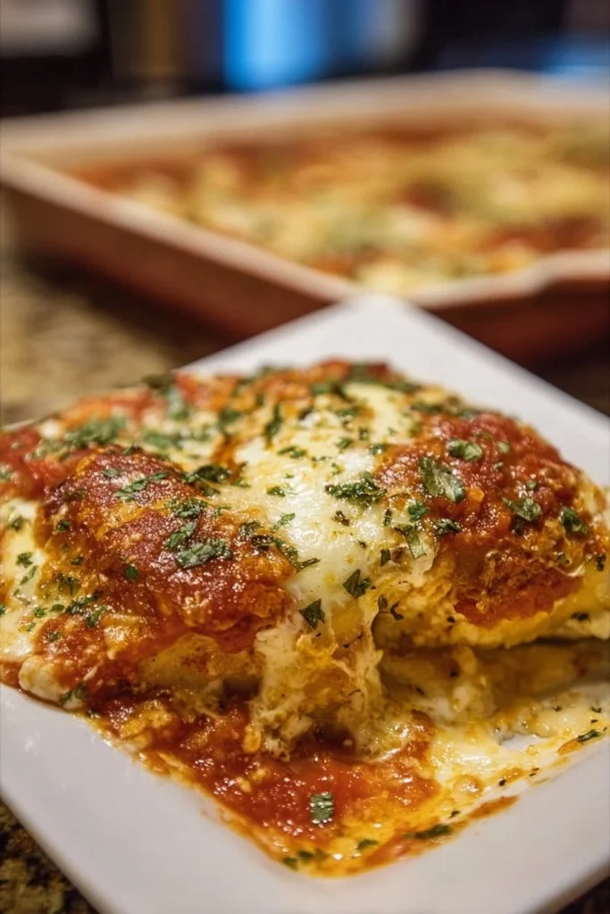 Delicious Chicken Parmesan Casserole served in a baking dish with a golden crust.