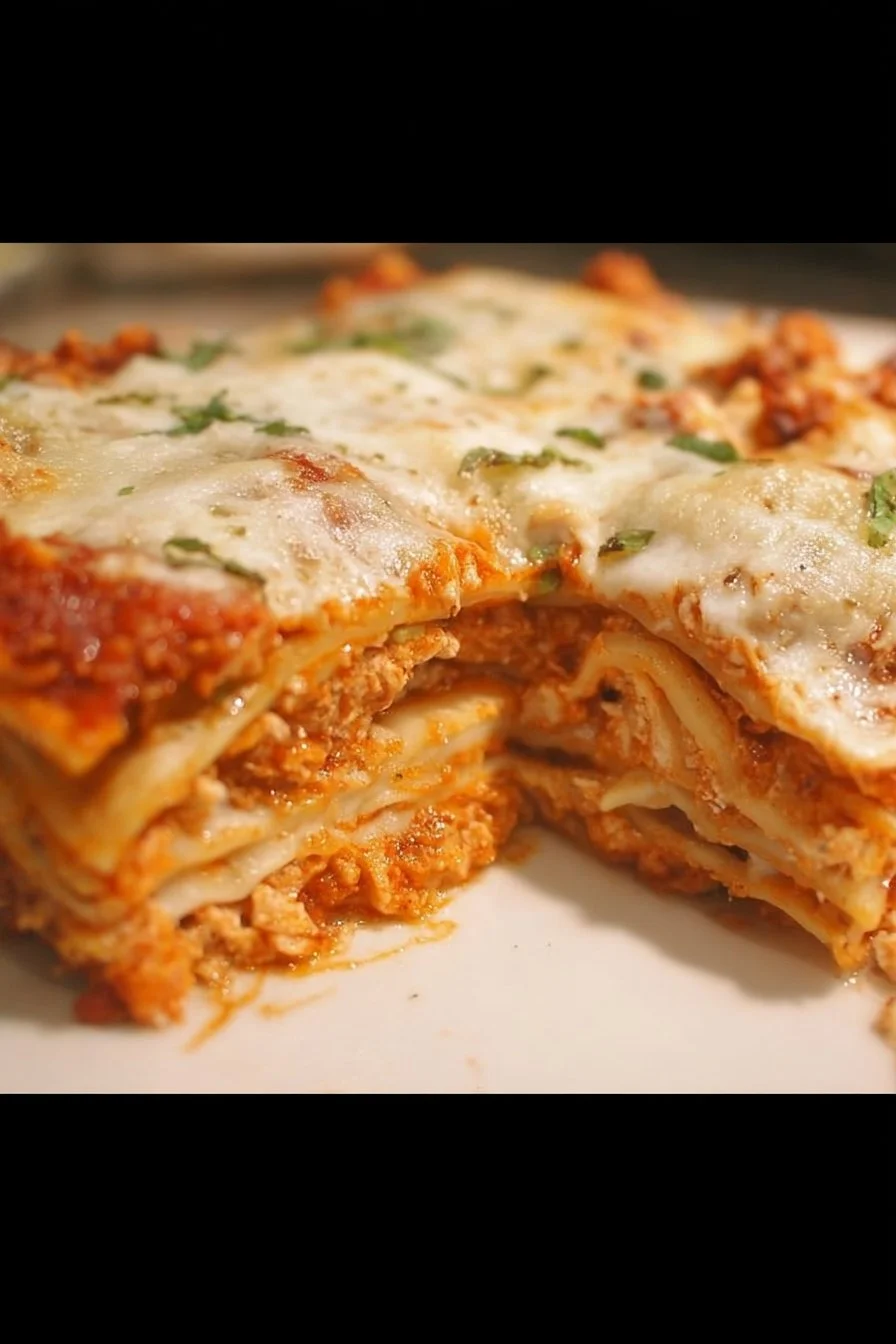 Delicious Chicken Parmesan Lasagna served with herbs and cheese on a plate.