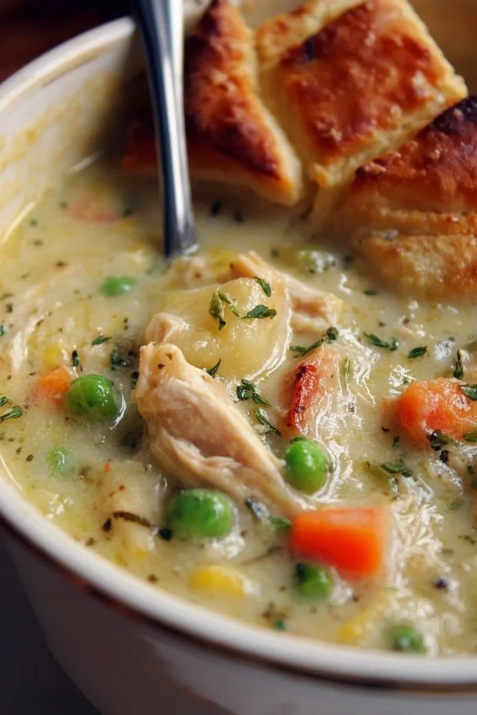 Bowl of Chicken Pot Pie Soup garnished with herbs and surrounded by ingredients