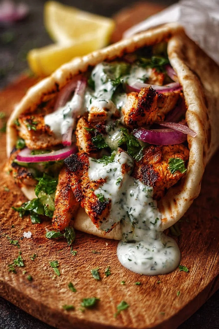 Delicious Chicken Shawarma with Garlic Sauce served in a pita