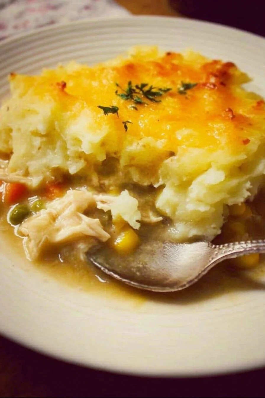 Delicious Chicken Shepherd's Pie topped with creamy mashed potatoes and baked to perfection