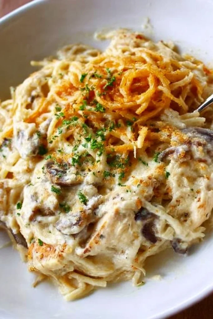 Creamy Chicken Tetrazzini dish with pasta and chicken on a plate