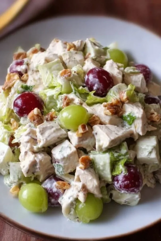 A delicious Chicken Waldorf Salad with chicken, apples, grapes, and walnuts on a plate.