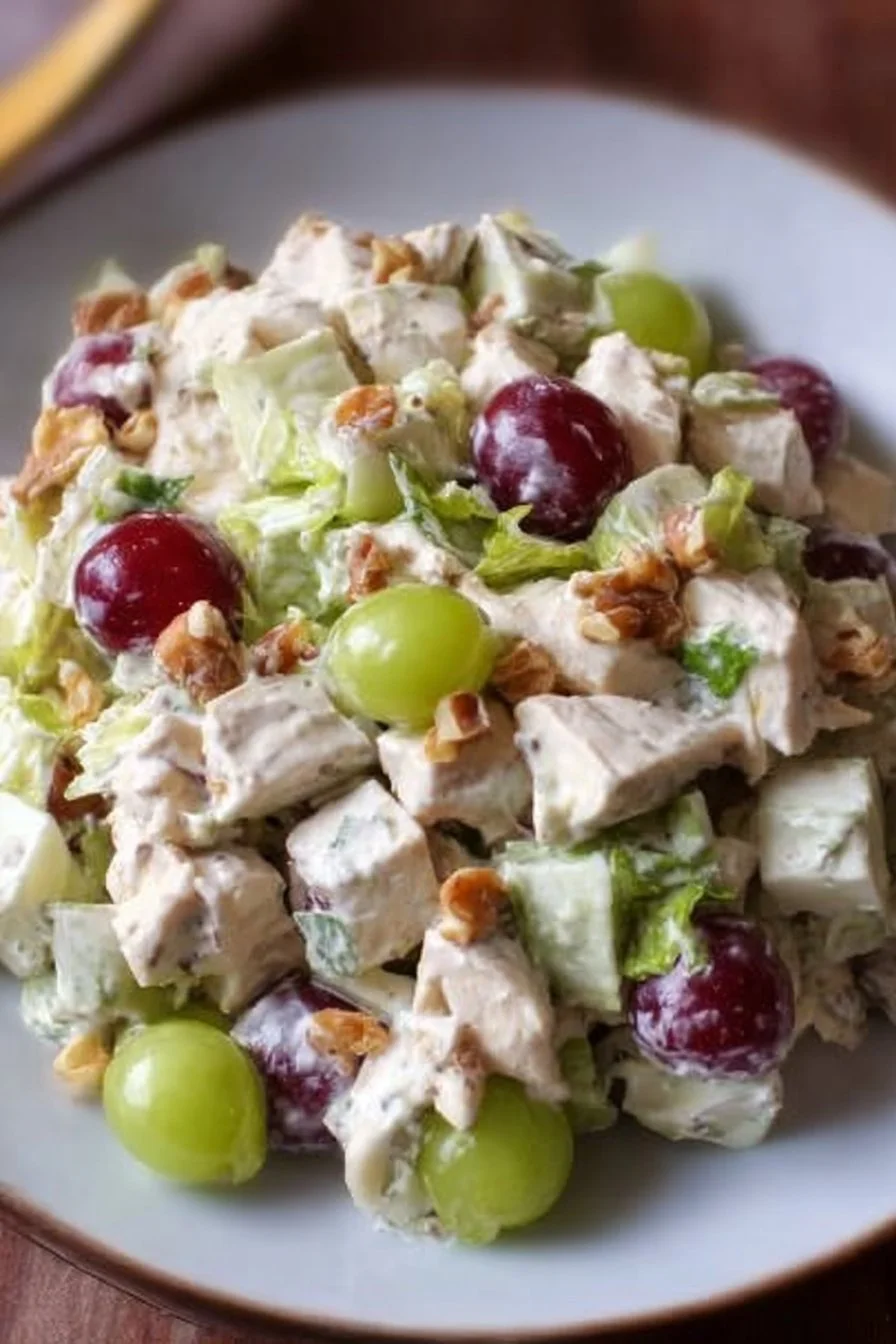 Chicken Waldorf Salad 2 A delicious Chicken Waldorf Salad with chicken, apples, grapes, and walnuts on a plate.