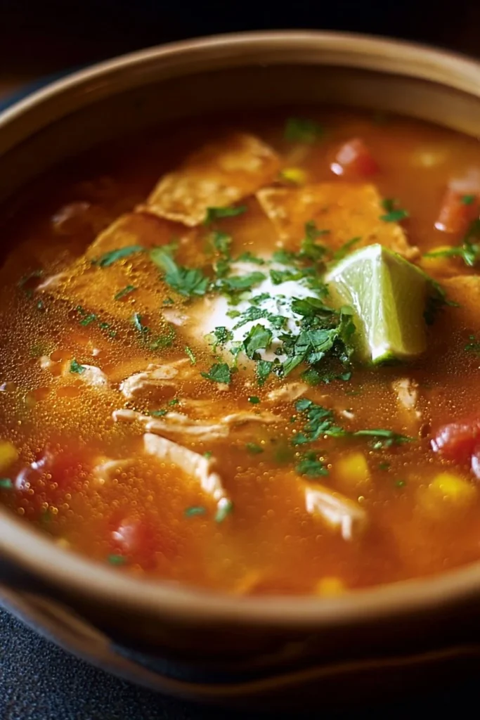 Bowl of Classic Chicken Tortilla Soup with chicken, vegetables, and tortilla strips