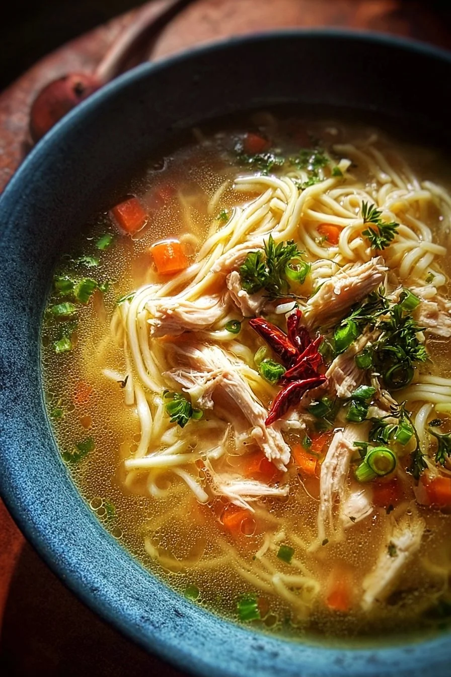 Bowl of Classic Ginger Garlic Chicken Noodle Soup with herbs and spices