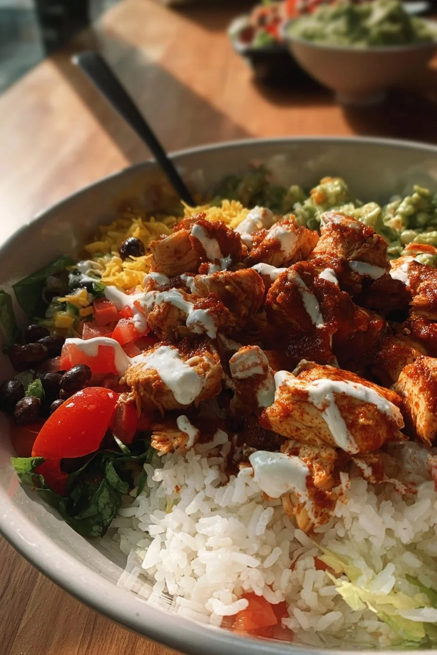 Copycat Chicken Burrito Bowl 2 A colorful Chicken Burrito Bowl filled with rice, chicken, veggies, and toppings.