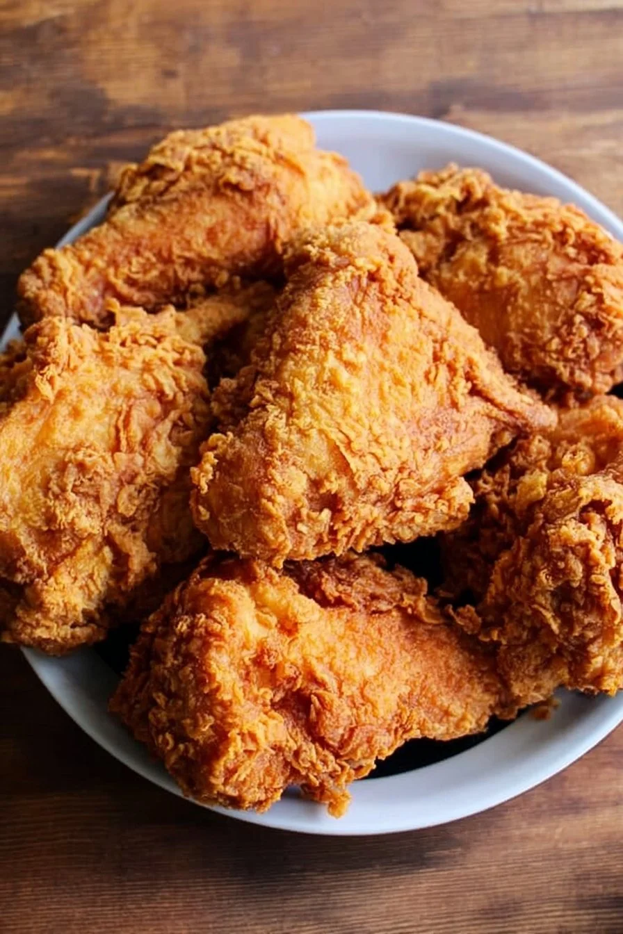 Plate of crispy copycat fried chicken with golden brown crust