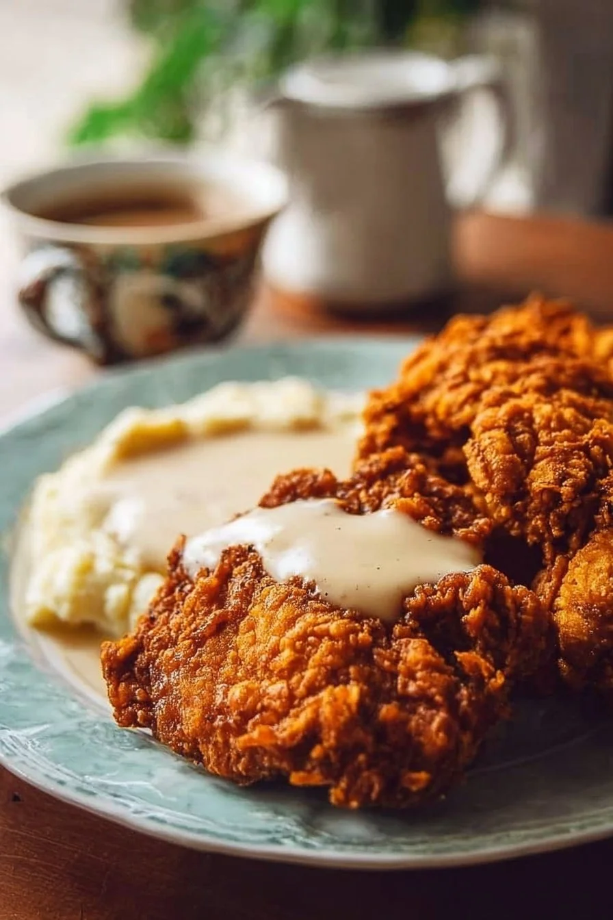 Plate of country fried chicken served with creamy gravy and side dishes