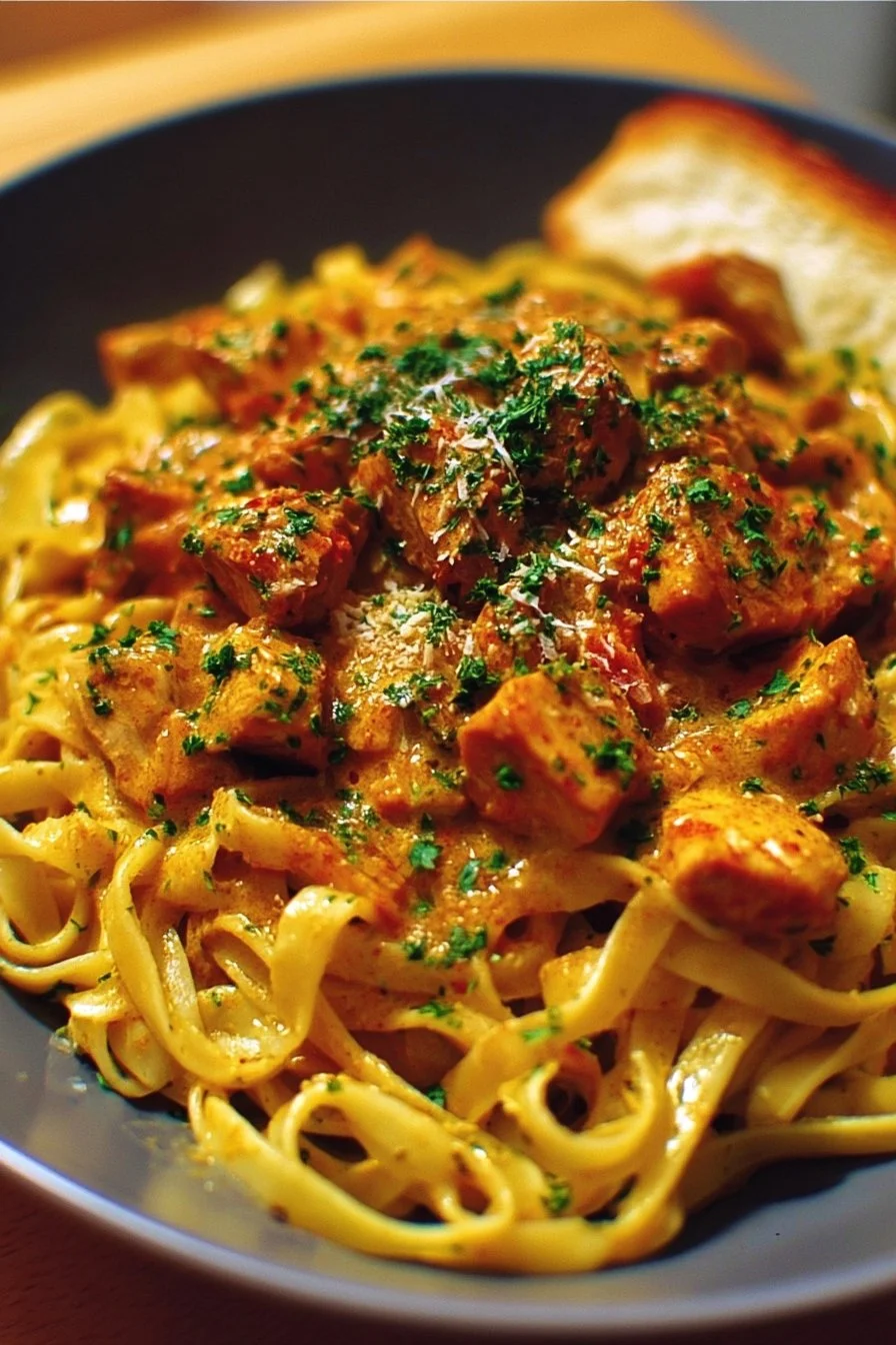 Delicious Cowboy Butter Chicken Pasta garnished with herbs and spices