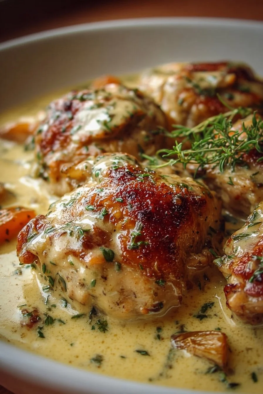 Creamy Baked Dijon Chicken Thighs 2 Delicious creamy baked Dijon chicken thighs served with herbs