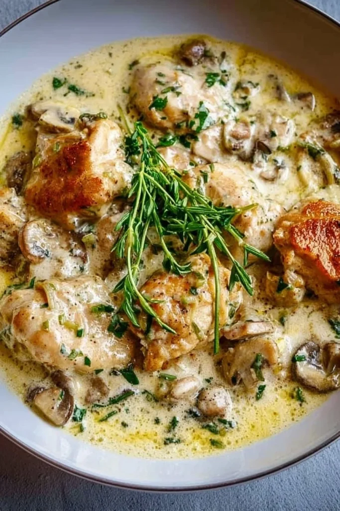 Creamy chicken fricassee served in a bowl with herbs and vegetables