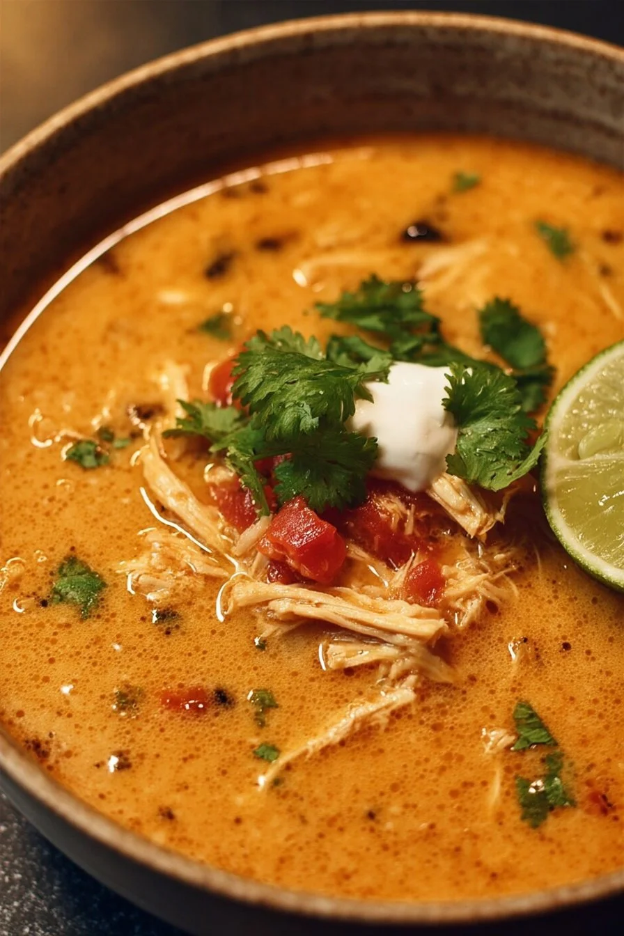 A bowl of creamy chicken tortilla soup topped with tortilla strips and fresh cilantro.
