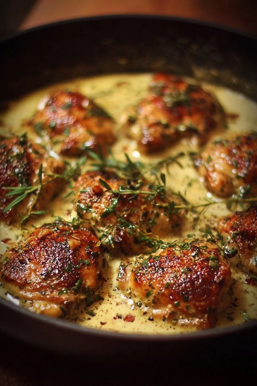 Creamy garlic chicken thighs served on a plate with garnishes