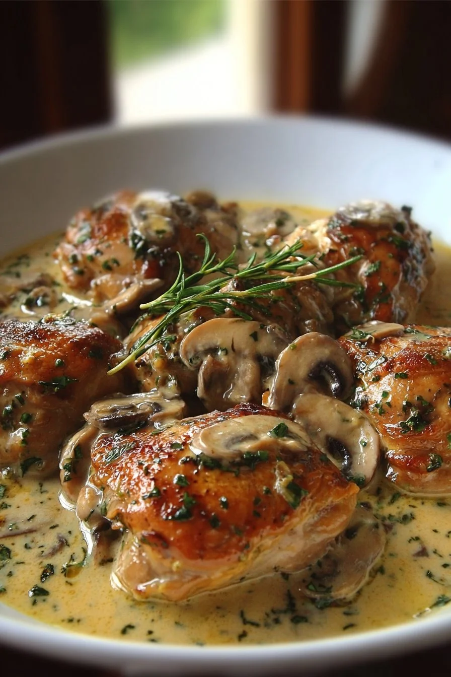Creamy garlic mushroom chicken thighs served with herbs on a plate