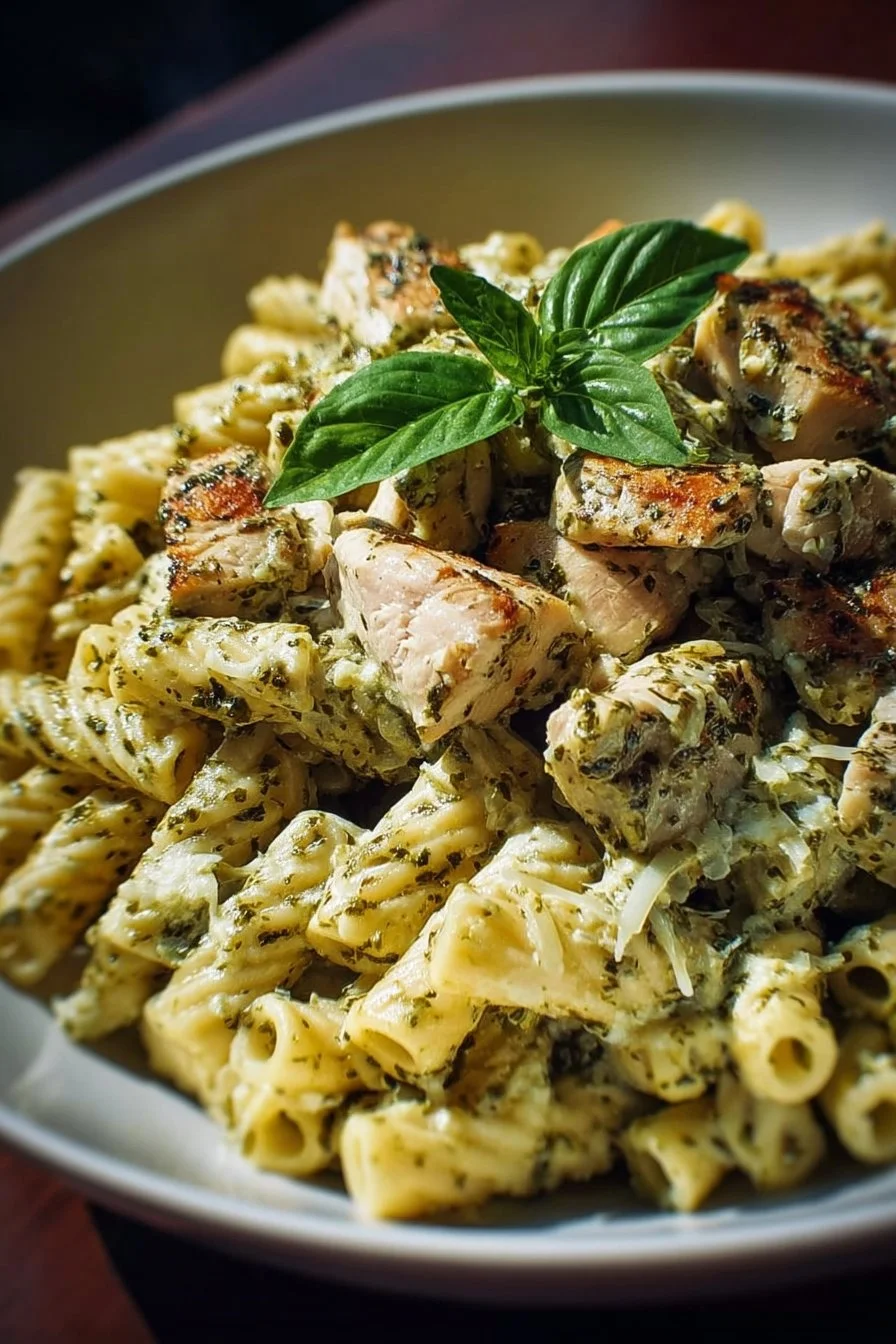 Creamy pesto chicken pasta dish garnished with fresh basil and parmesan cheese.