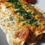 Plate of creamy queso chicken enchiladas topped with fresh cilantro and cheese