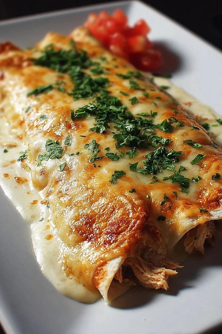 Plate of creamy queso chicken enchiladas topped with fresh cilantro and cheese