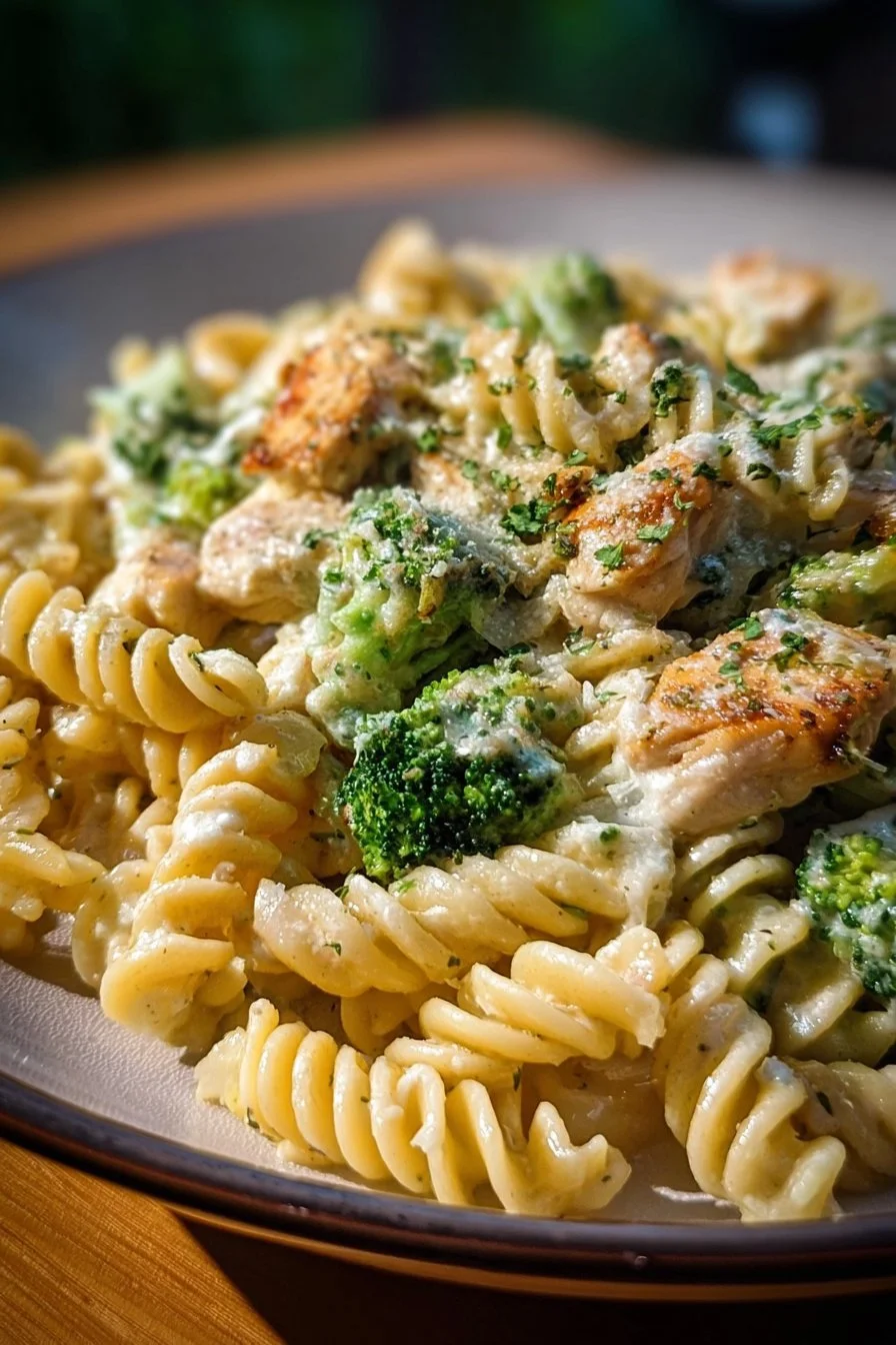 Creamy Rotisserie Chicken Broccoli Pasta 2 Creamy rotisserie chicken broccoli pasta with vibrant vegetables in a bowl