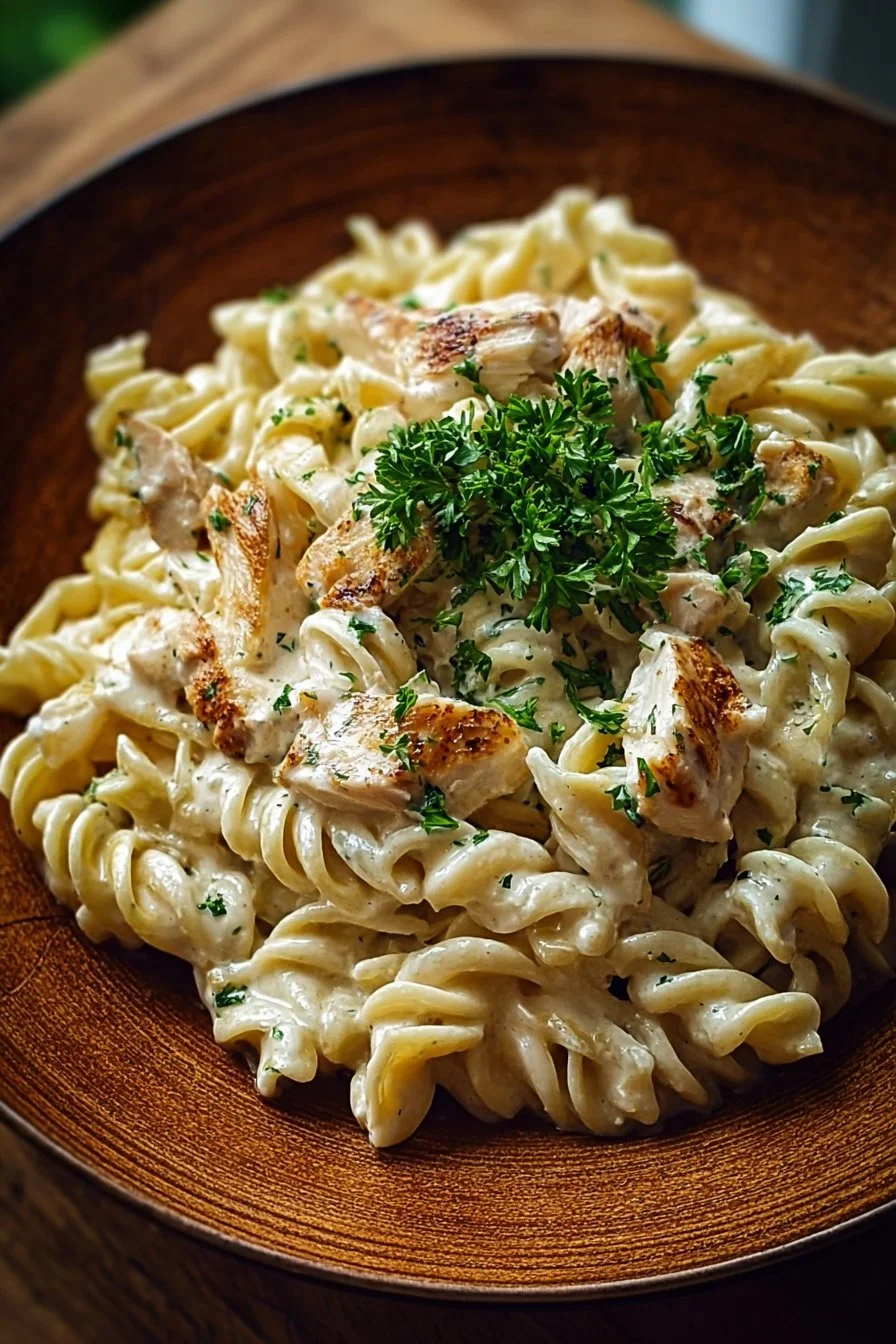 Creamy rotisserie chicken pasta served in a bowl with fresh herbs.
