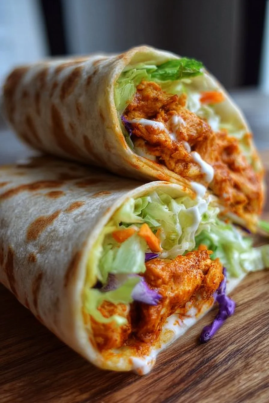 Crispy Buffalo Chicken Wraps filled with chicken, lettuce, and sauce.