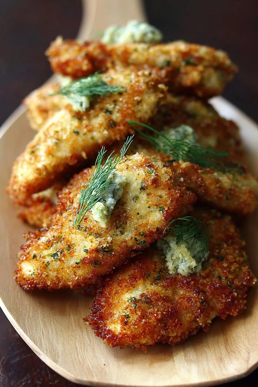 Crispy Dill Pickle Parmesan Chicken garnished with fresh herbs on a plate.
