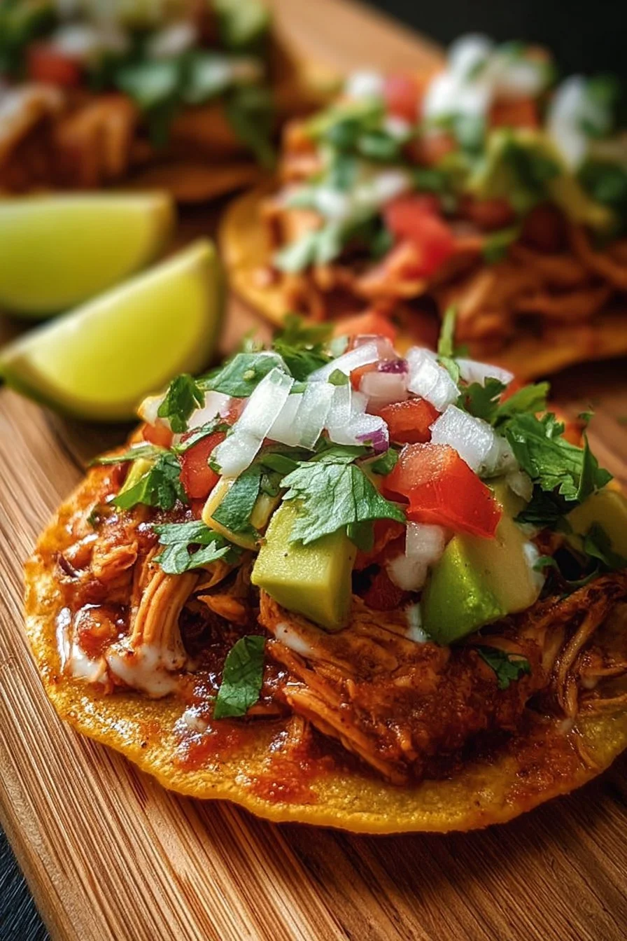 Crispy rotisserie chicken tostadas topped with fresh vegetables and sauces